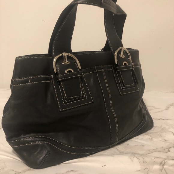 Black Leather Coach Shoulder Bag with Buckles - Picture 3 of 4